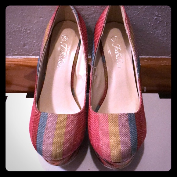 Fabric woven multicolor slip on wedges. - Picture 1 of 4